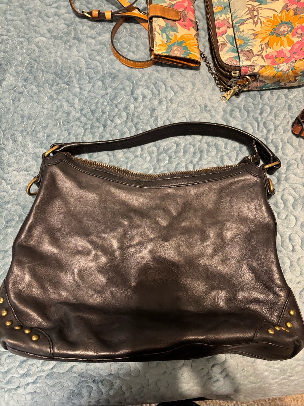 Frye Black Leather Shoulder Bag with Brass Studs